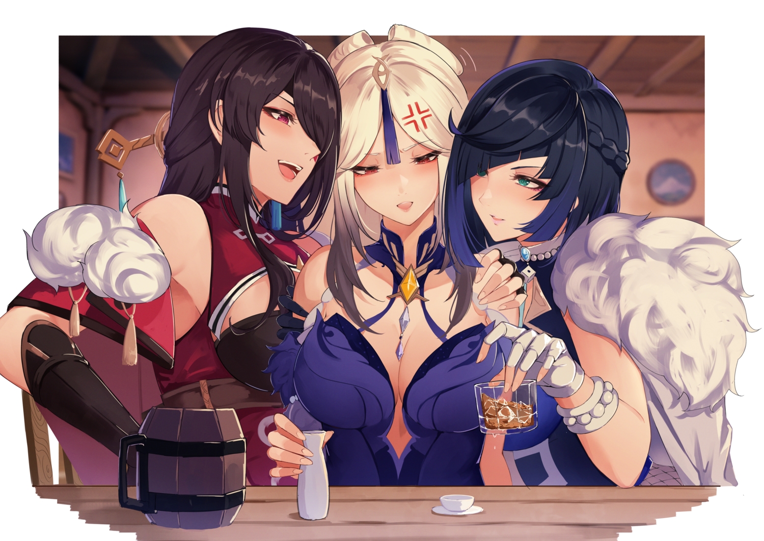 beidou_(genshin_impact), black_hair, breasts, chinese_clothes, chinese_dress, cleavage, dress, drink