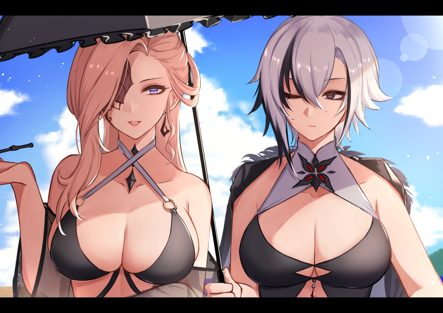 2girls, arlecchino_(genshin_impact), black_eyes, blonde_hair, blue_eyes, breasts, cleavage, close