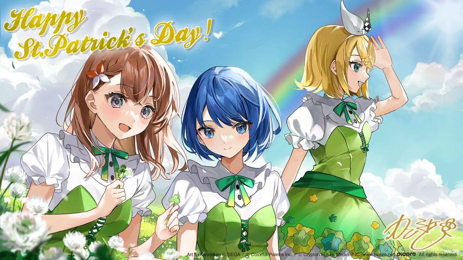 aqua_eyes, black_eyes, blonde_hair, blue_eyes, blue_hair, blush, bow, brown_hair