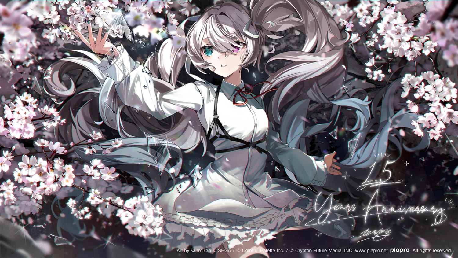 bicolored_eyes, cherry_blossoms, flowers, gray_hair, hatsune_miku, long_hair, mikanoisi, petals