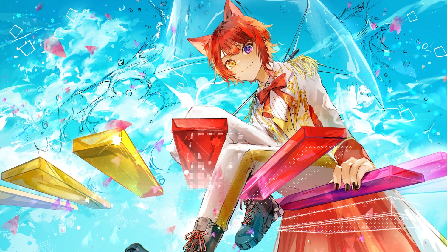 all_male, animal_ears, bicolored_eyes, cat_smile, fang, karanagare_4, male, melt_(vocaloid), nico_nico_singer, red_hair, rinu_(stpri), strawberry_prince, umbrella