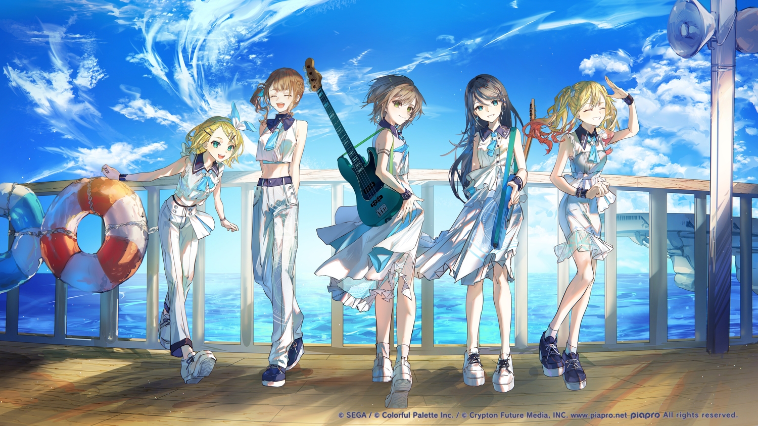 clouds, group, guitar, hinomori_shiho, hoshino_ichika, instrument, kagamine_rin, karanagare_4