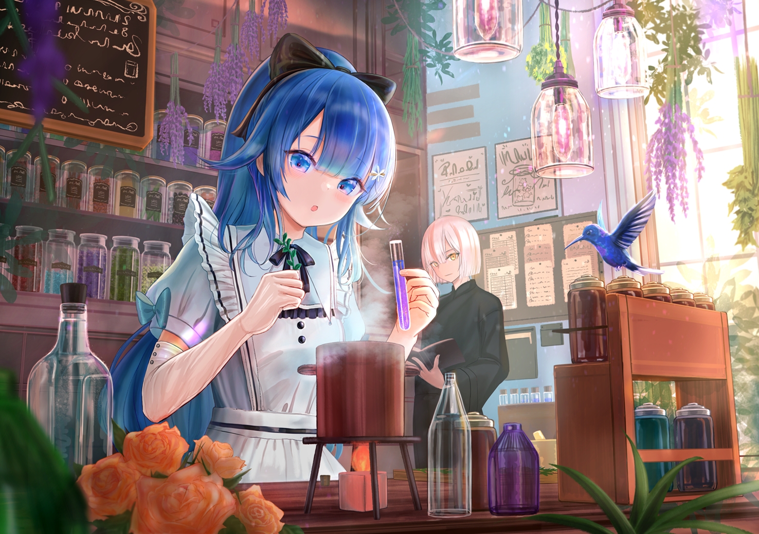 animal, apron, bird, blue_eyes, blue_hair, chinese_clothes, elbow_gloves, flowers