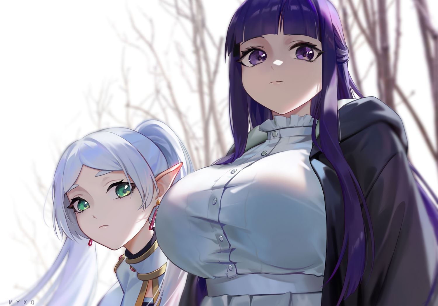 2girls, breasts, close, dress, fern_(sousou_no_frieren), frieren, gray_hair, green_eyes