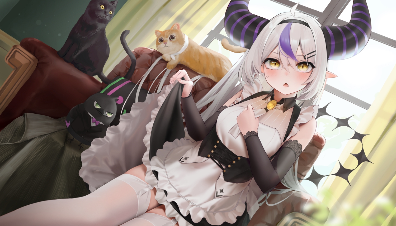 animal, apron, bird, cat, demon, garter_belt, gray_hair, headband