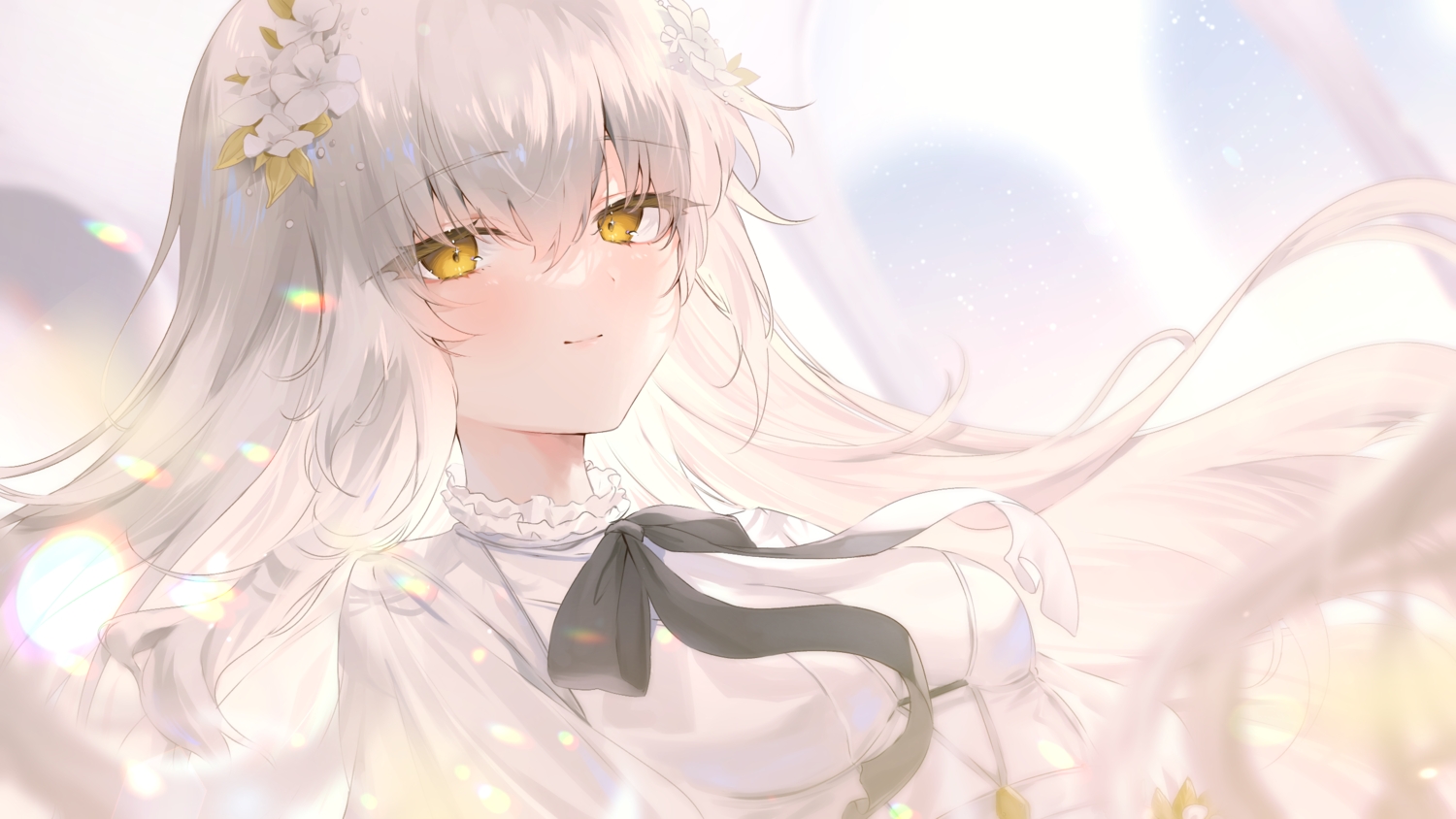 bow, close, flowers, gray_hair, harui_(hr_x9_), long_hair, original, ribbons