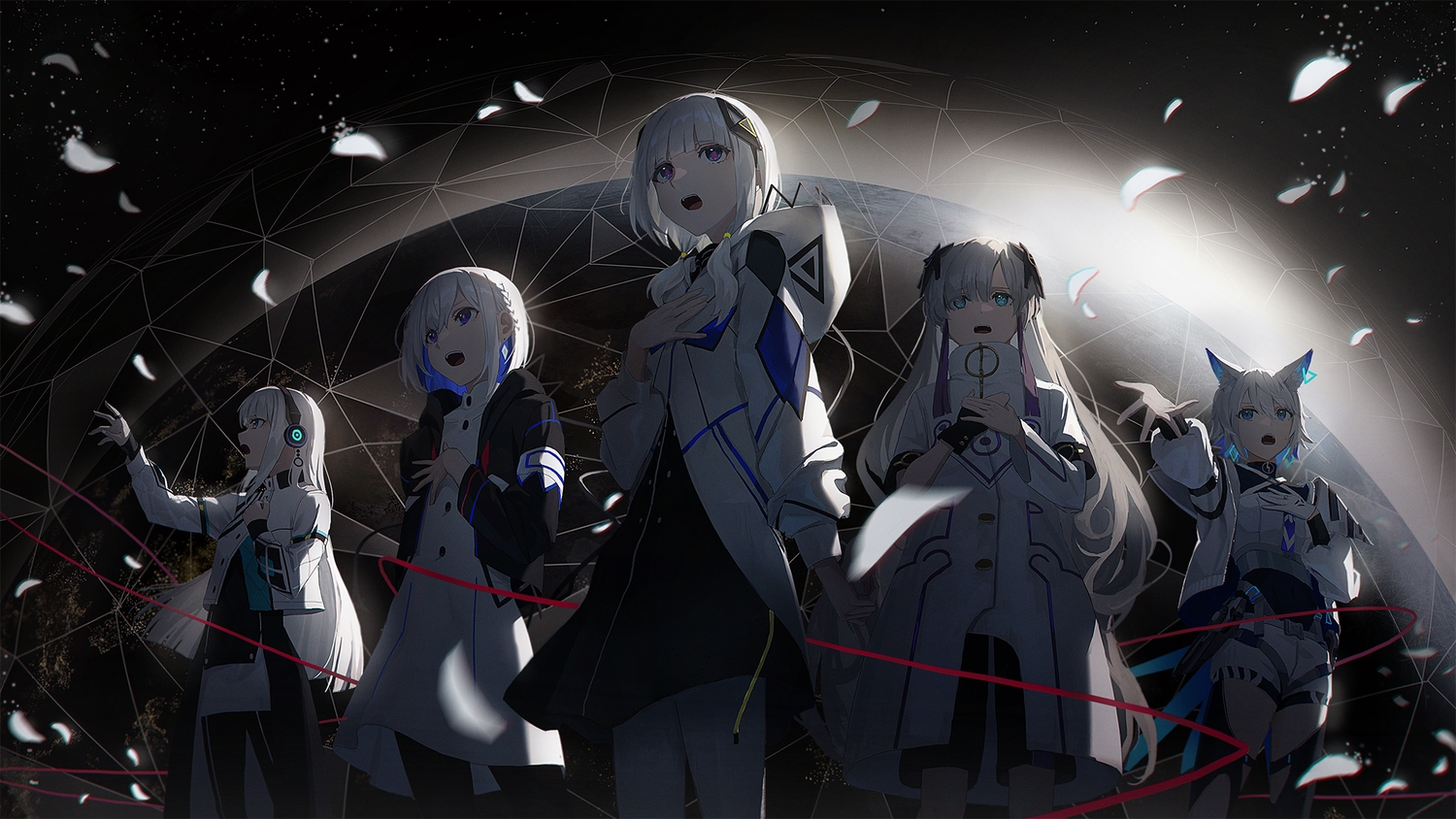 blue_eyes, cevio, coko_(cevio), earth, group, haru_(cevio), headphones, hood, kafu_(cevio), kamitsubaki_studio, nekoreito, petals, planet, purple_eyes, rime_(cevio), sekai_(cevio), shorts, white_hair