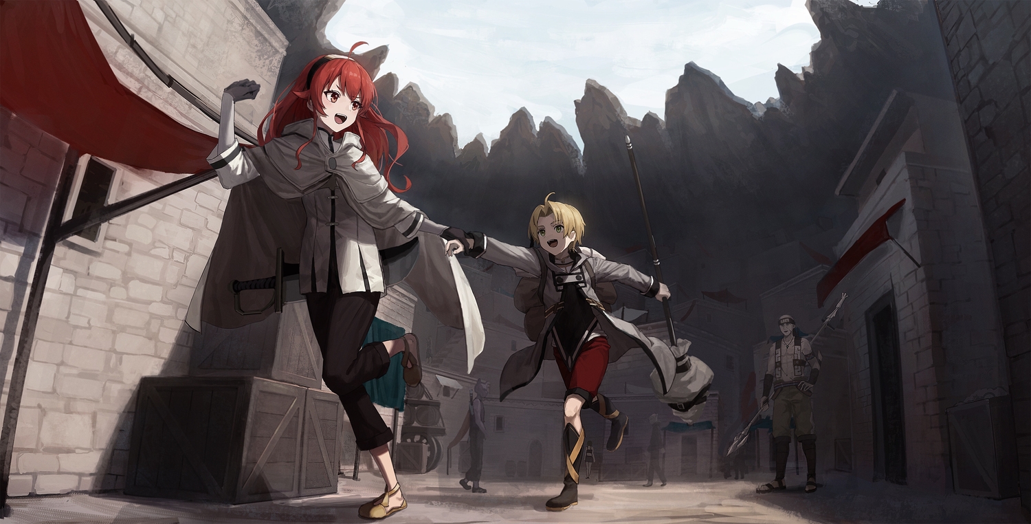 eris_greyrat, male, mushoku_tensei, nekoreito, red_hair, rudeus_greyrat, ruijerd_superdia, spear, weapon