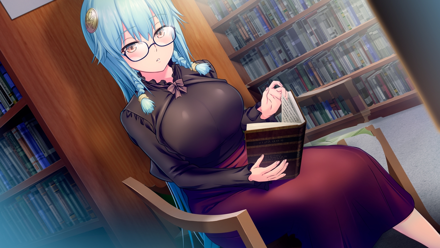 astronauts:_sirius, blue_hair, book, braids, breasts, brown_eyes, game_cg, glasses