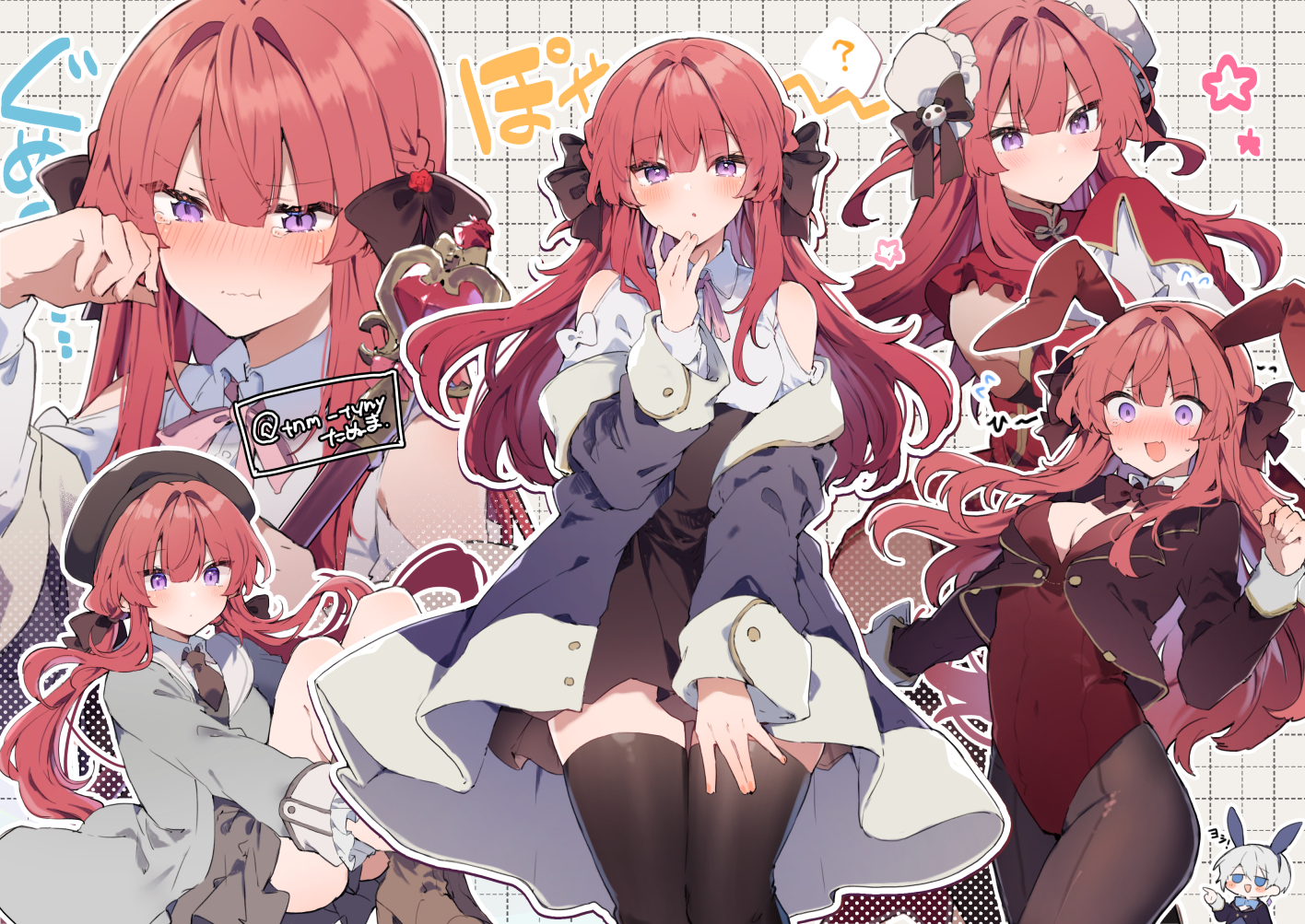 animal_ears, anna_(ikeuchi_tanuma), bow, breasts, bunny_ears, bunnygirl, chibi, chinese_clothes, cleavage, crying, dress, hat, headband, ikeuchi_tanuma, leotard, long_hair, male, original, pantyhose, purple_eyes, red_hair, rudy_(ikeuchi_tanuma), signed, tears, thighhighs, wand