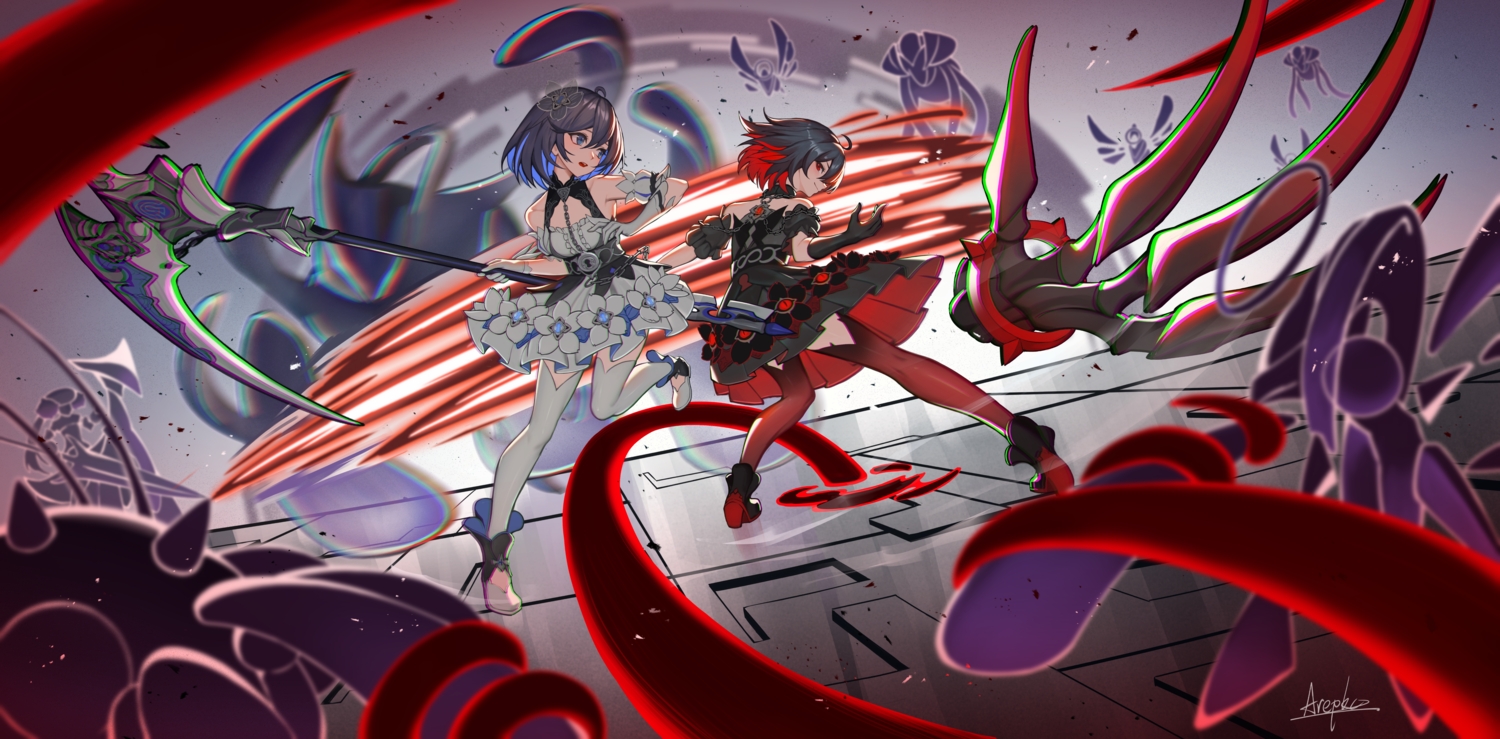 2girls, arepko, black_hair, blue_eyes, chain, dress, elbow_gloves, gloves