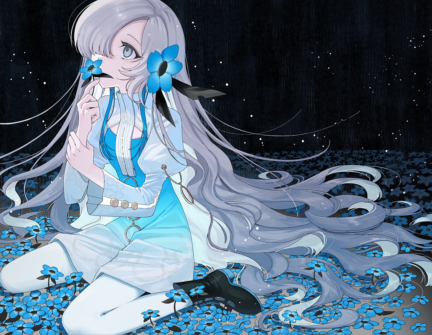 boots, dress, flowers, gray_eyes, gray_hair, isekaijoucho, kamitsubaki_studio, long_hair