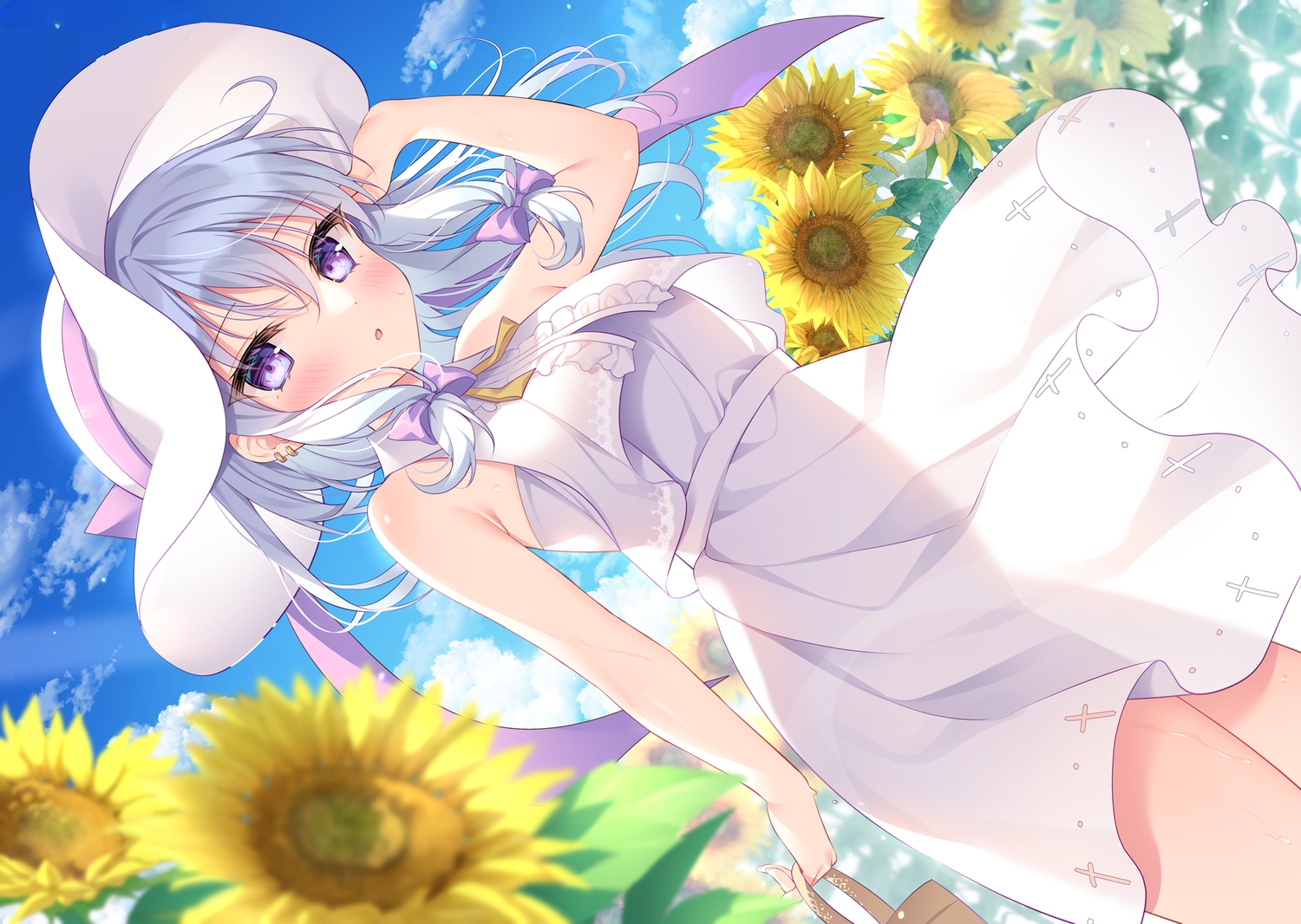 blush, bow, clouds, dress, flowers, gray_hair, hat, long_hair
