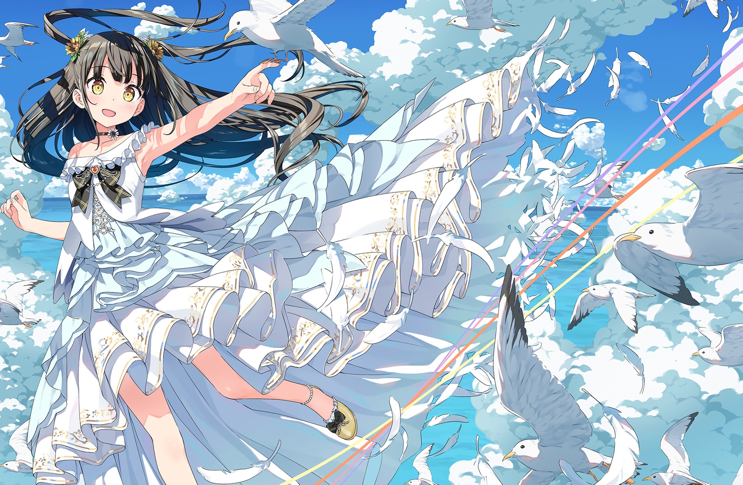 5_nenme_no_houkago, animal, bird, black_hair, dress, feathers, flowers, kantoku