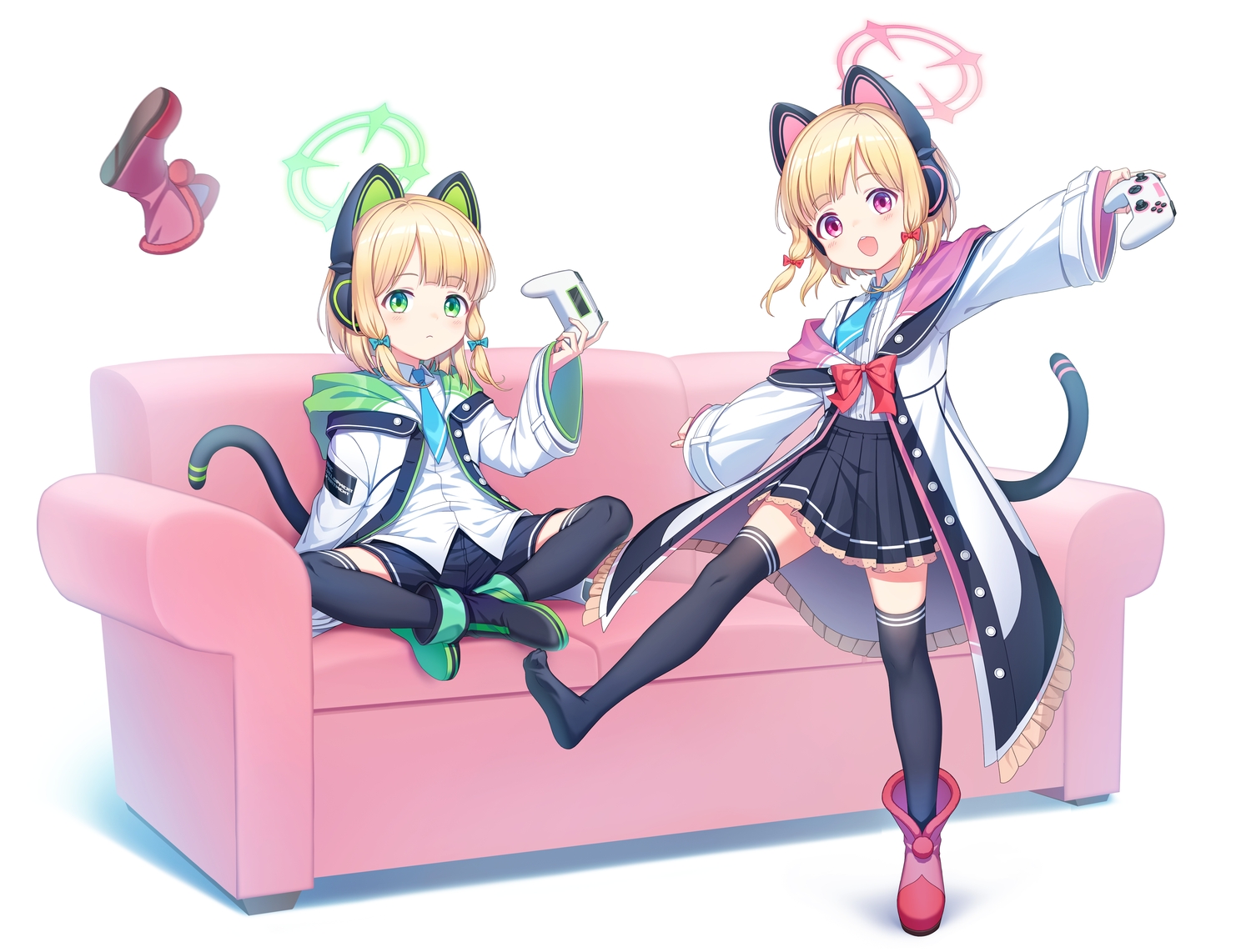 2girls, animal_ears, blonde_hair, blue_archive, blush, boots, catgirl, couch