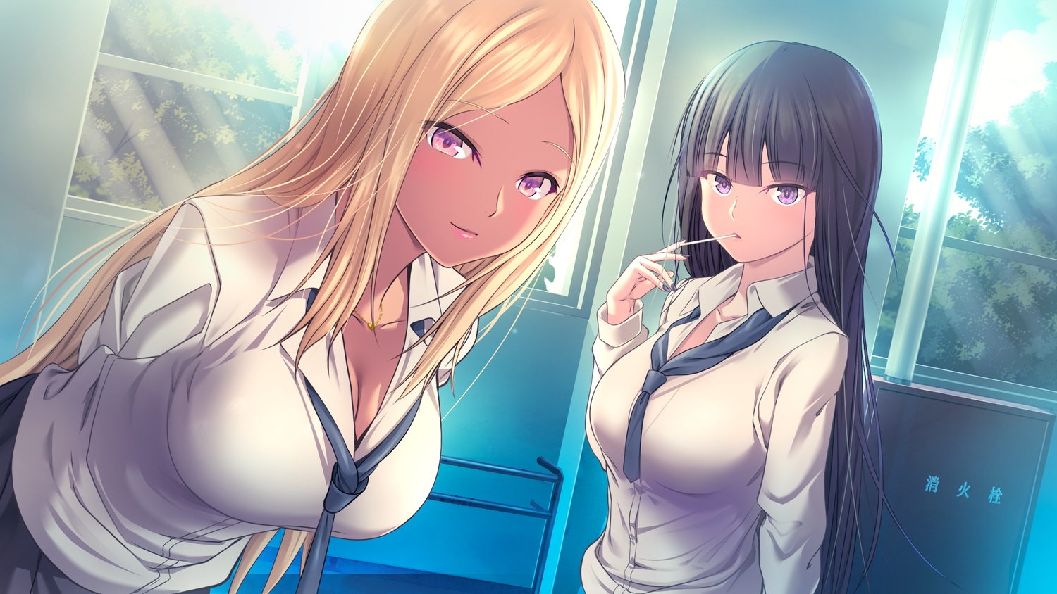 2girls, akama_kaon, astronauts:_sirius, black_hair, blonde_hair, breasts, candy, dark_skin