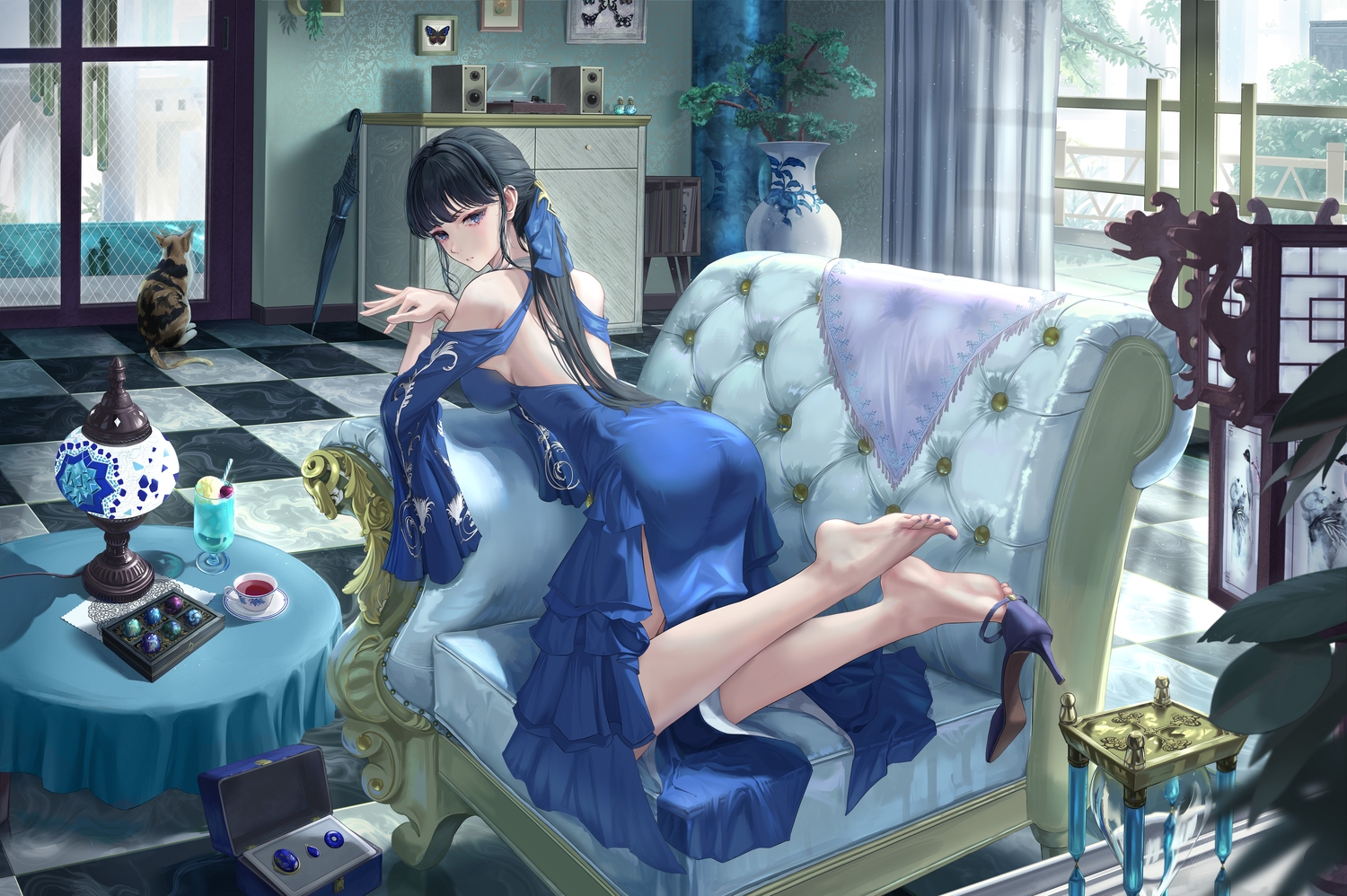 animal, ass, barefoot, black_hair, blue_eyes, candy, cat, cherry