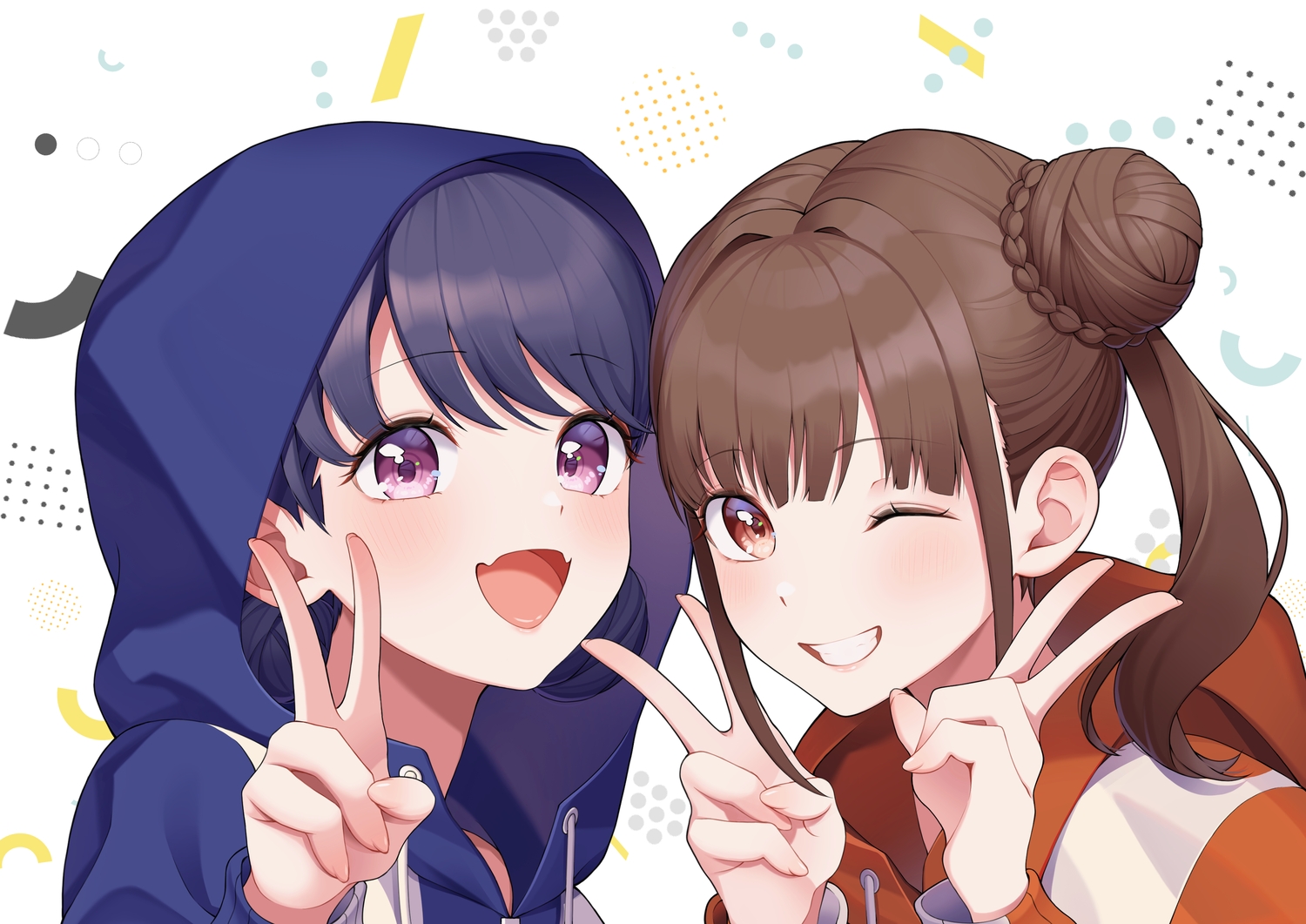 2girls, blush, brown_eyes, brown_hair, close, dress, fang, fukumaru_koito, idolmaster, idolmaster_shiny_colors, pink_eyes, plumbago, purple_hair, sonoda_chiyoko, white