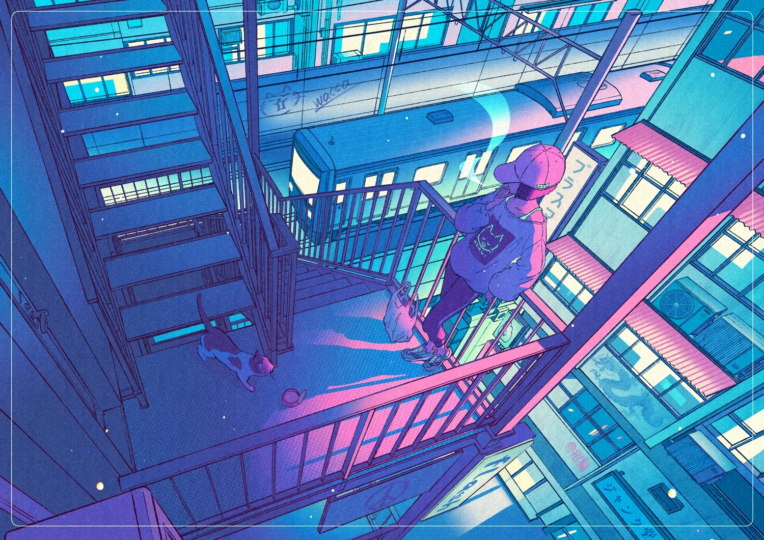 animal, building, cat, cigarette, city, hat, night, original, polychromatic, scenic, short_hair, signed, smoking, stairs, train, wacca005