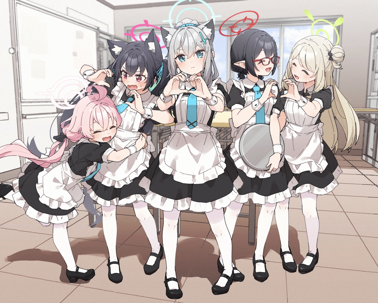 apron, aqua_eyes, blonde_hair, blue_archive, blush, catgirl, fang, glasses