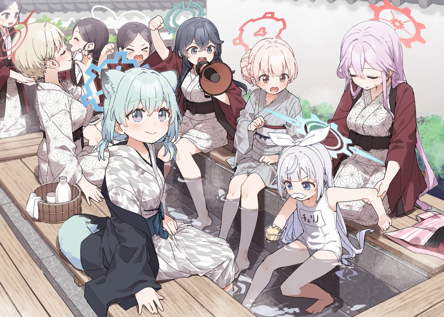 amami_nodoka, aqua_hair, barefoot, black_hair, blonde_hair, blue_archive, blue_eyes, blush