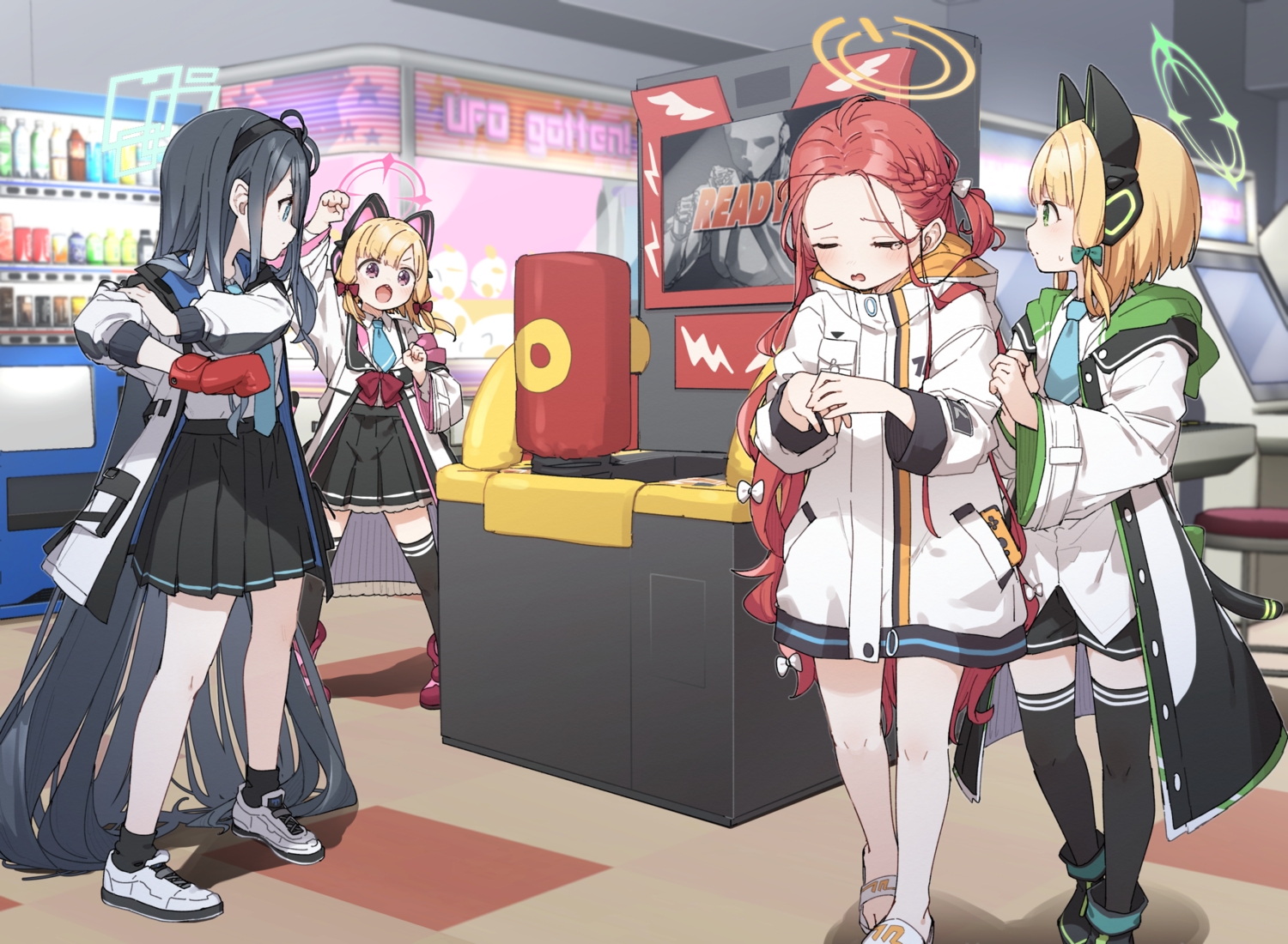 animal_ears, blonde_hair, blue_archive, blue_eyes, boots, bow, catgirl, drink