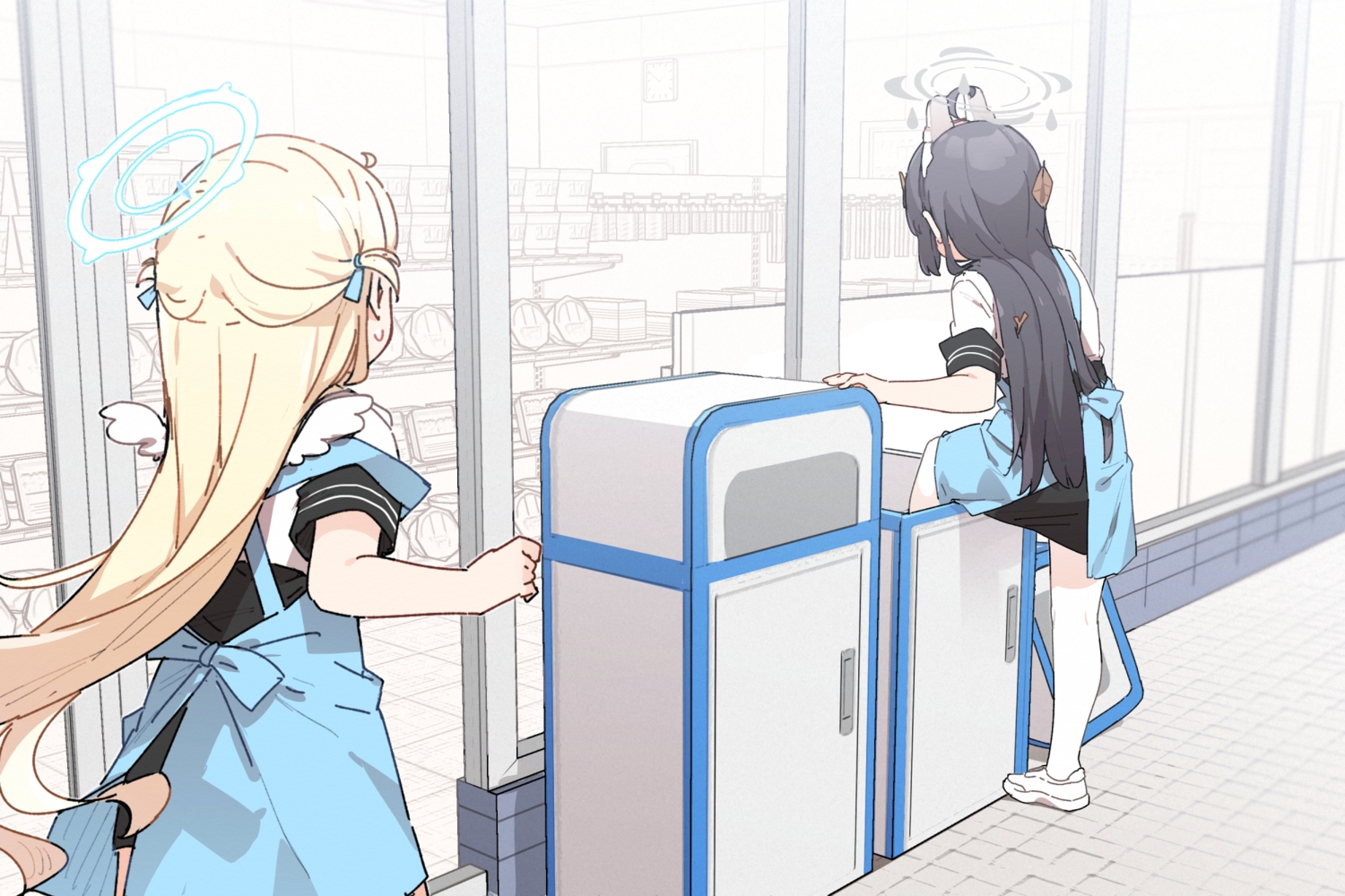2girls, animal_ears, apron, black_hair, blonde_hair, blue_archive, halo, headband
