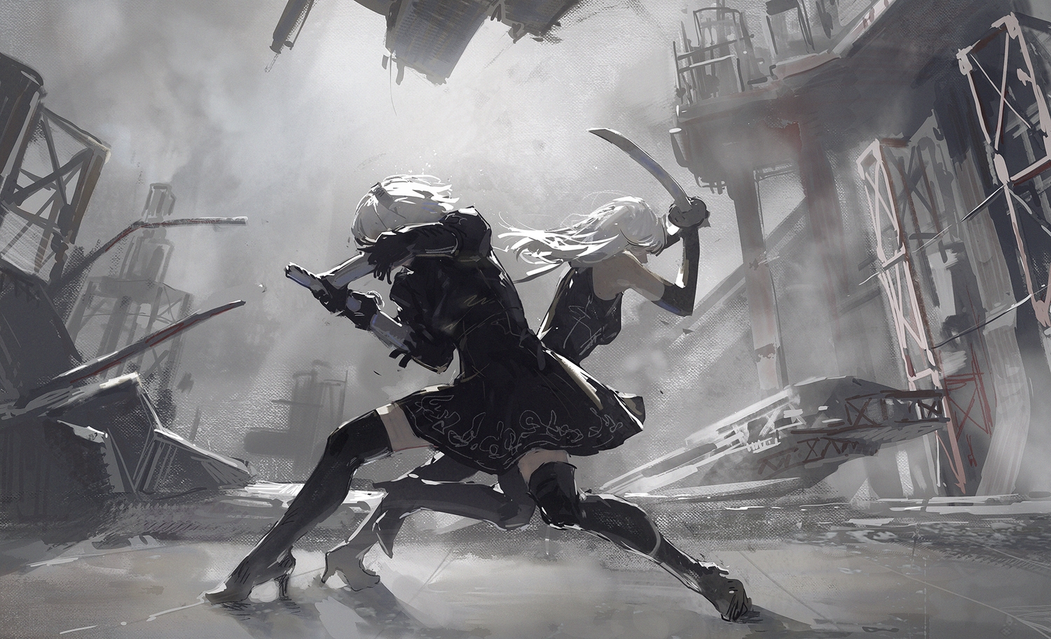 2girls, boots, dino_(dinoartforame), dress, elbow_gloves, gloves, headband, industrial