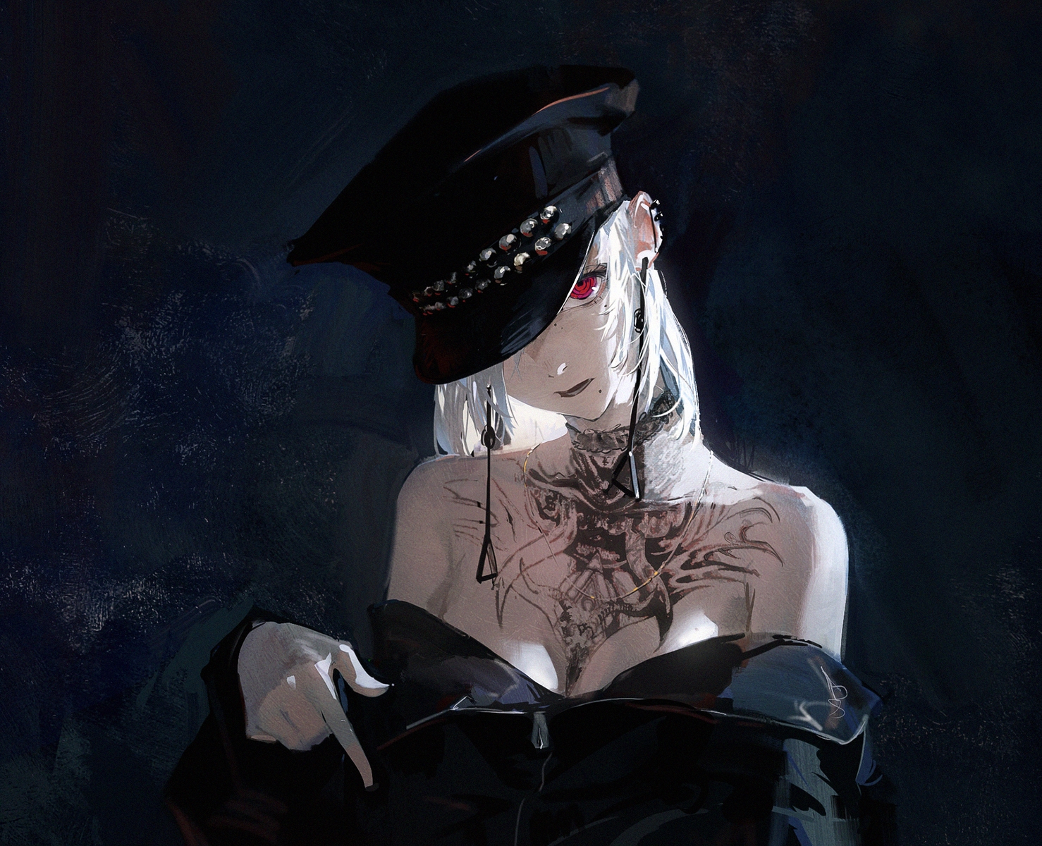 breasts, chainsaw_man, choker, cleavage, close, dino_(dinoartforame), fami_(chainsaw_man), gothic, hat, necklace, no_bra, red_eyes, tattoo, white_hair