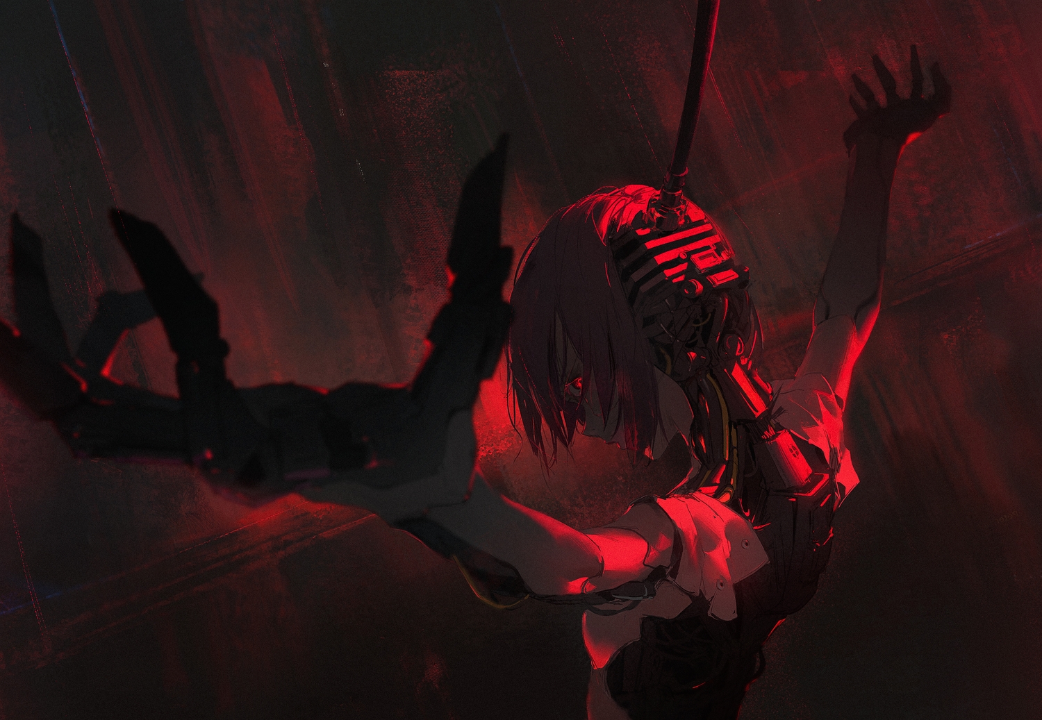 cyberpunk_2077, dino_(dinoartforame), polychromatic, red, red_eyes, short_hair, song_so_mi, techgirl