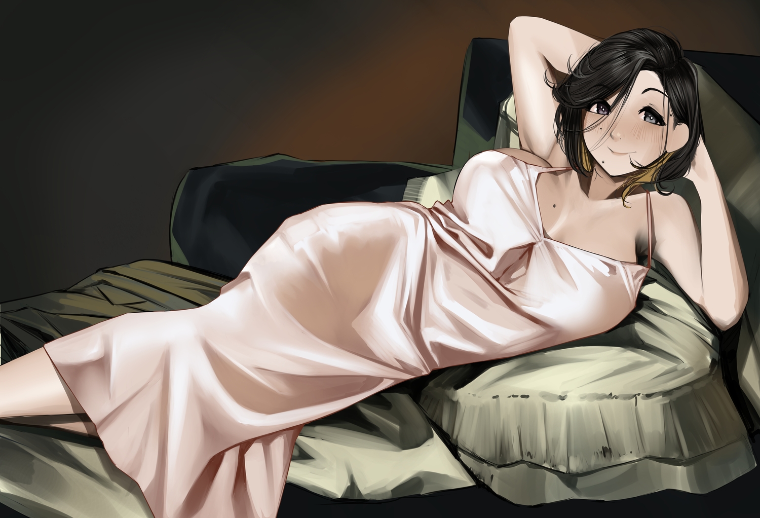 black_eyes, black_hair, blush, dress, no_bra, original, pupi_(rain_prophet), short_hair