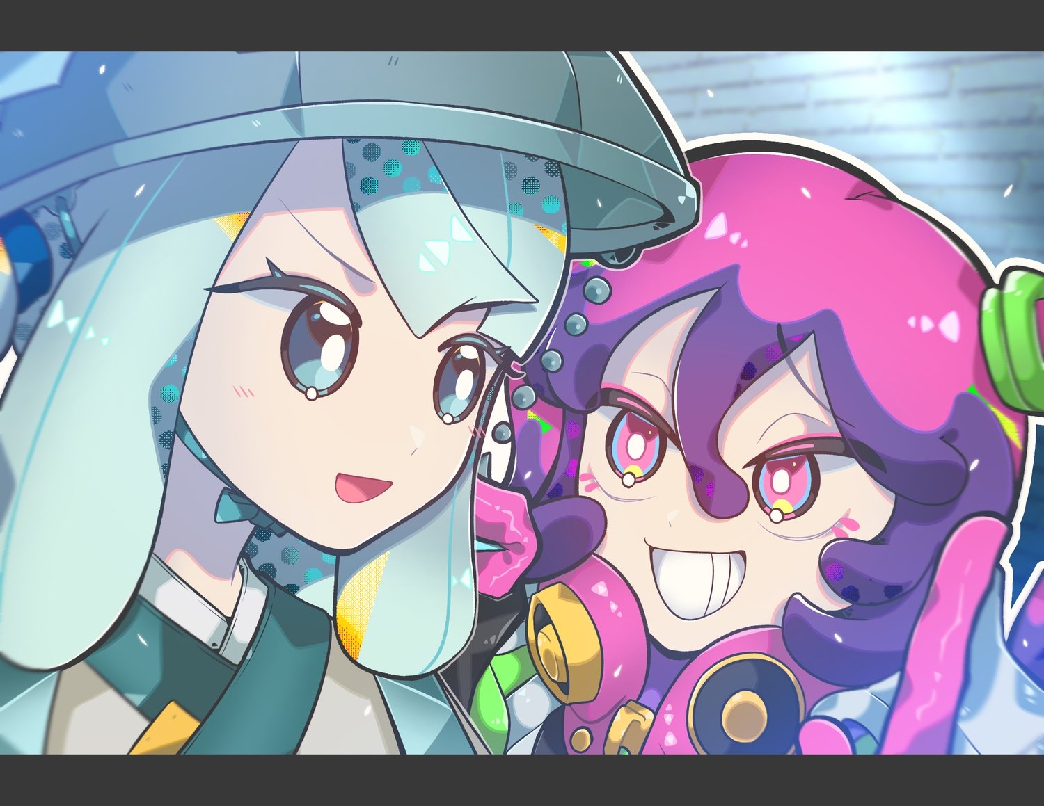 2girls, blue_eyes, blue_hair, close, hatsune_miku, pink_eyes, poison_miku_(project_voltage), pokemon, project_voltage, purple_hair, sizimaiwanu, steel_miku_(project_voltage), vocaloid