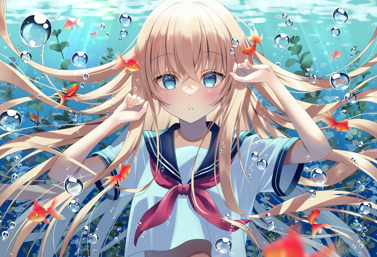 animal, aqua_eyes, blonde_hair, bubbles, close, fish, hibiki_tooru, long_hair