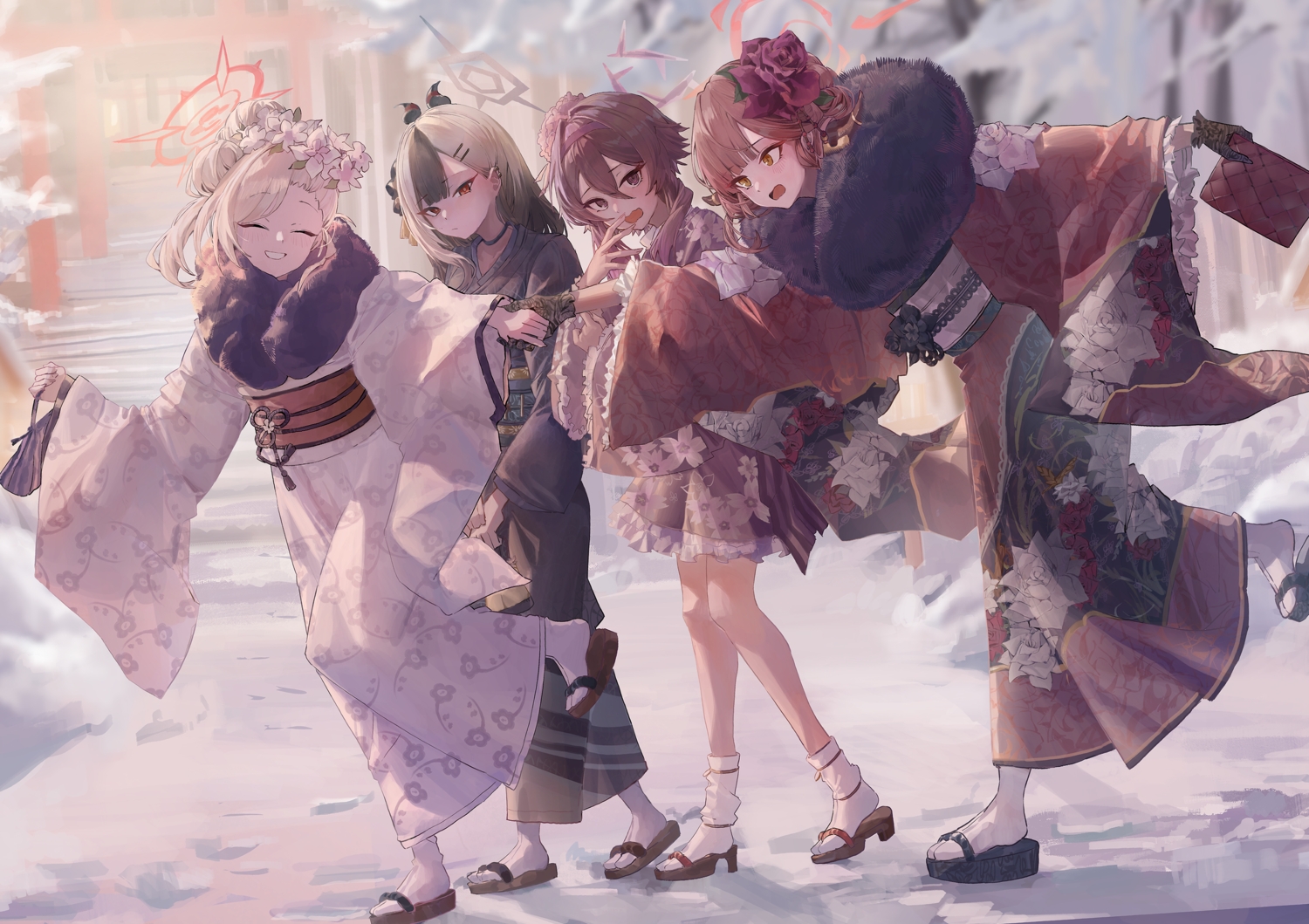 asagi_mutsuki, blue_archive, brown_eyes, dainillust, gloves, gray_hair, group, halo