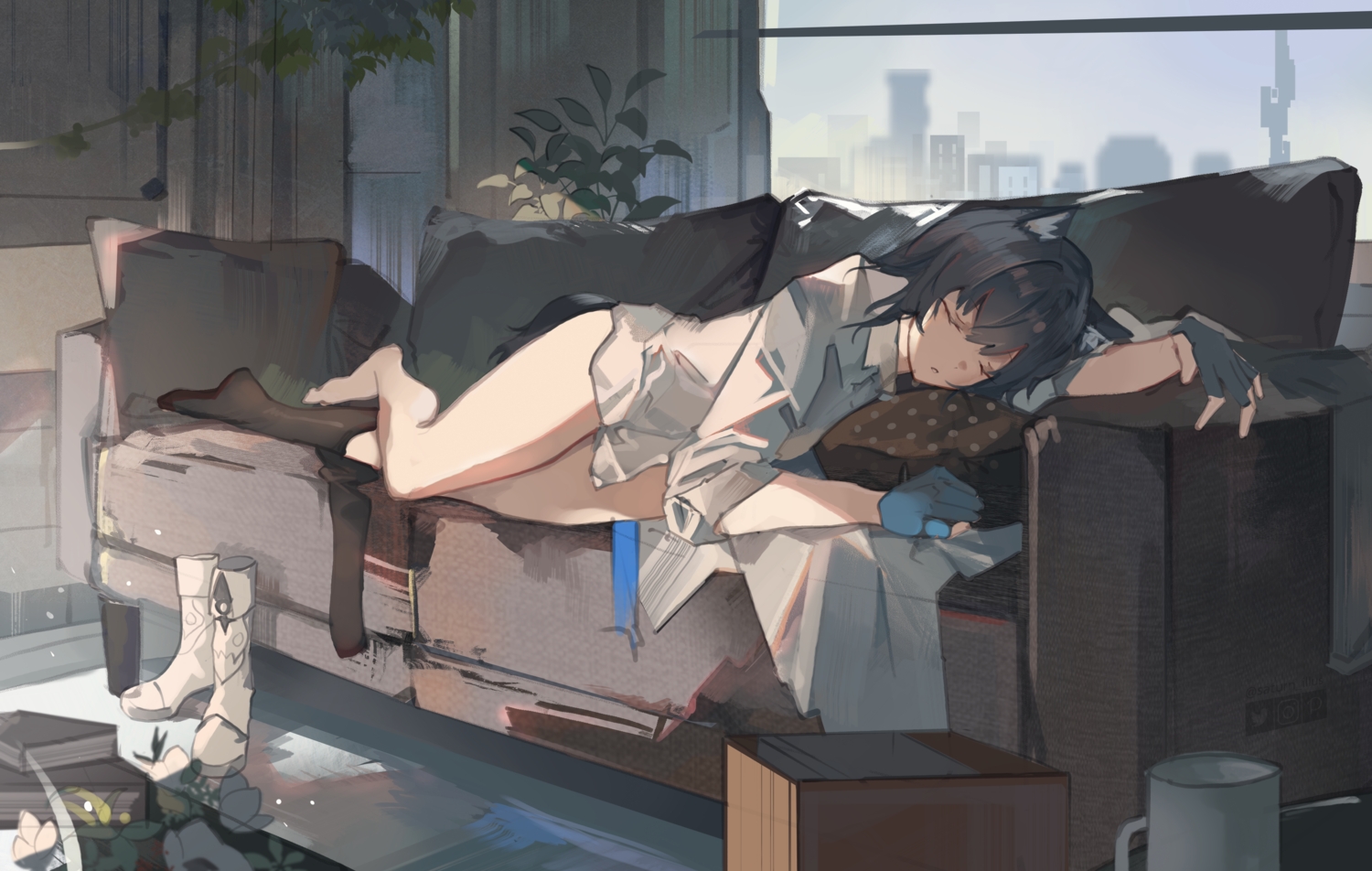 animal_ears, arknights, barefoot, black_hair, book, cmdr_saturn, couch, gloves