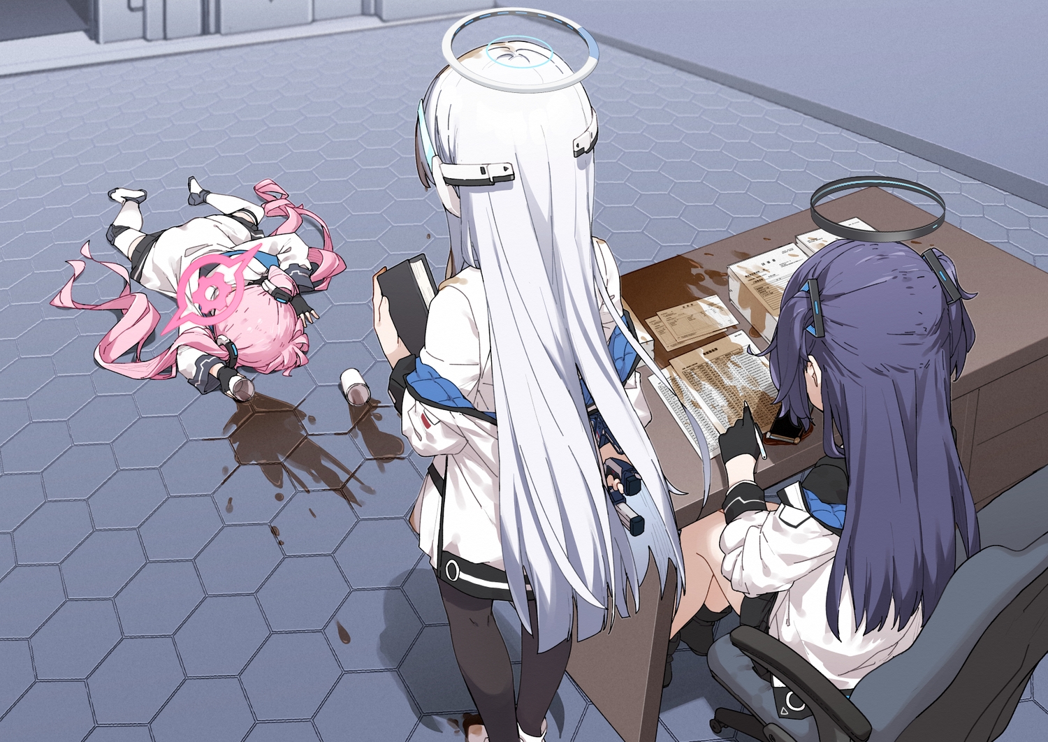 blue_archive, drink, gloves, gray_hair, halo, hayase_yuuka, kurosaki_koyuki, long_hair