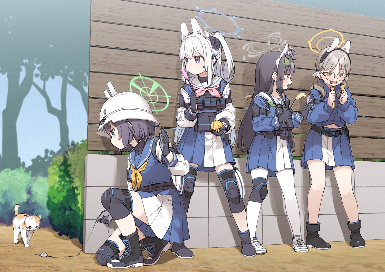 animal, blue_archive, cat, glasses, gray_eyes, gray_hair, group, halo