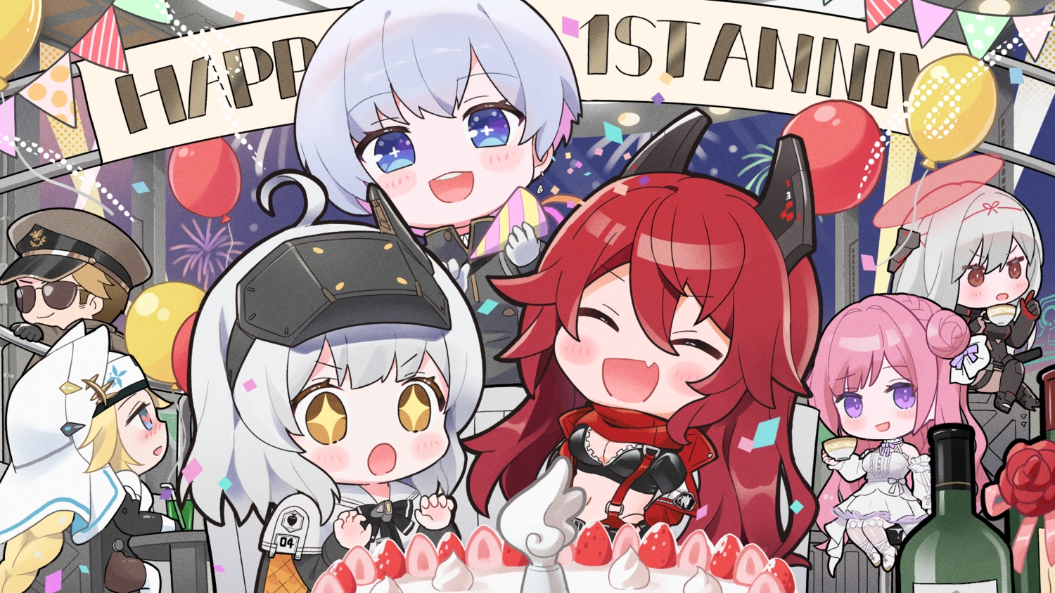 bikini_top, blonde_hair, breasts, brown_eyes, cake, chibi, cleavage, dorothy_(nikke), dress, drink, food, fruit, goddess_of_victory:_nikke, gray_hair, group, liliweiss_(nikke), long_hair, male, nekomiya_rizu, nun, pink_hair, purple_eyes, rapunzel_(nikke), red_hair, red_hood_(nikke), scarf, scarlet_(nikke), snow_white_(nikke), strawberry, sunglasses, the_legendary_commander_(nikke)