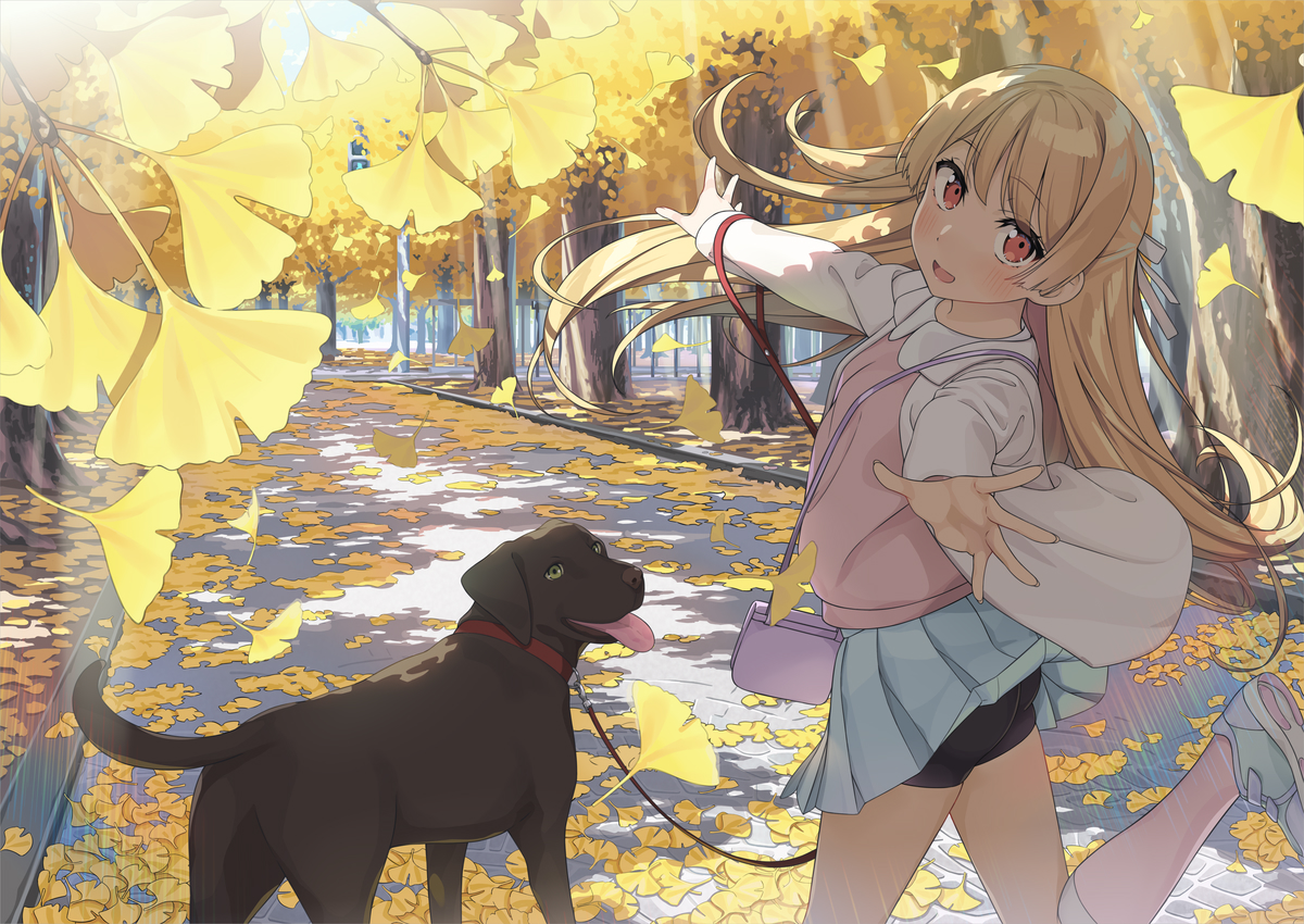 animal, ass, autumn, bike_shorts, blonde_hair, dog, leaves, long_hair