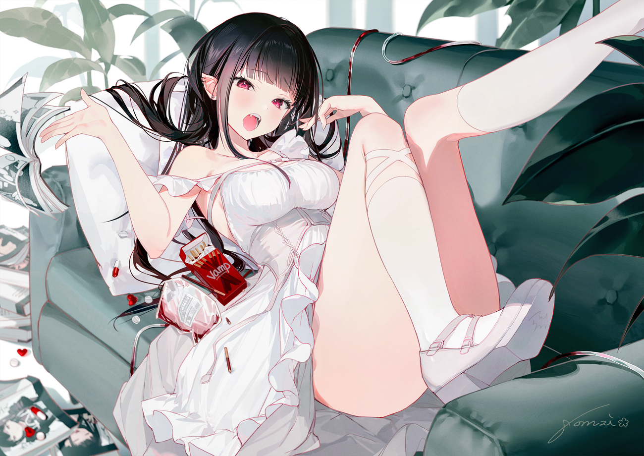 black_hair, blood, couch, dress, fang, food, gomzi, kneehighs