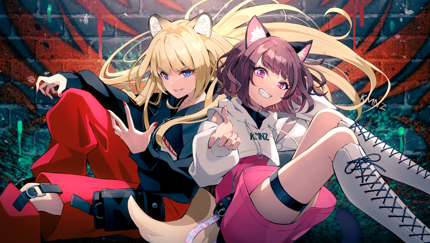 2girls, animal_ears, blonde_hair, boots, catgirl, doggirl, garter, graffiti