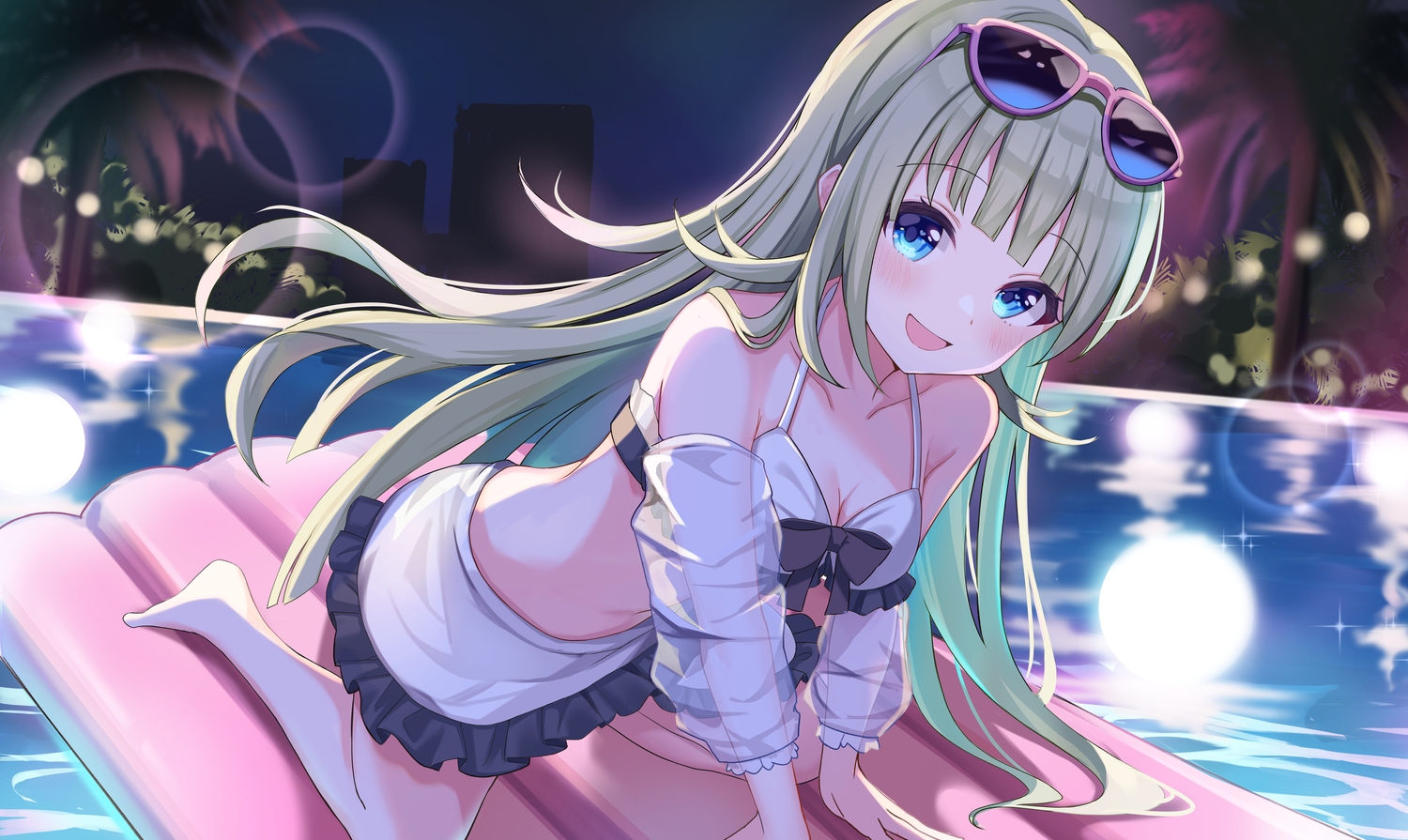 aqua_eyes, barefoot, bikini_top, blush, green_hair, hanabusa_lisa, long_hair, night, pool, skirt, sunglasses, tihayasan-ktkr, tree, vspo!, water