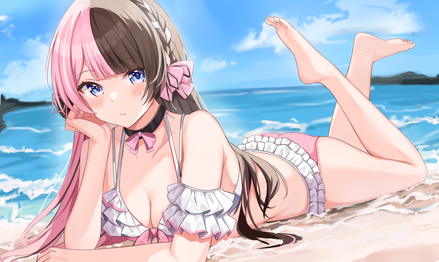 ass, barefoot, beach, bikini, braids, breasts, choker, cleavage, clouds, long_hair, pink_hair, sky, swimsuit, tachibana_hinano, tihayasan-ktkr, vspo!, water