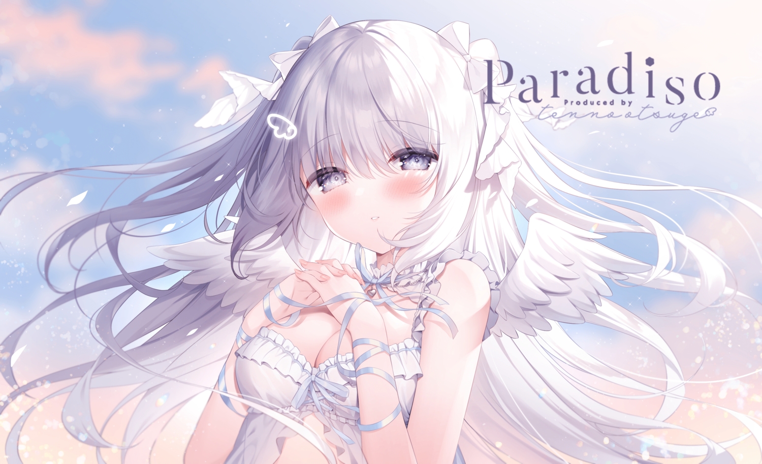 angel, bow, breast_hold, breasts, cleavage, close, clouds, gray_eyes