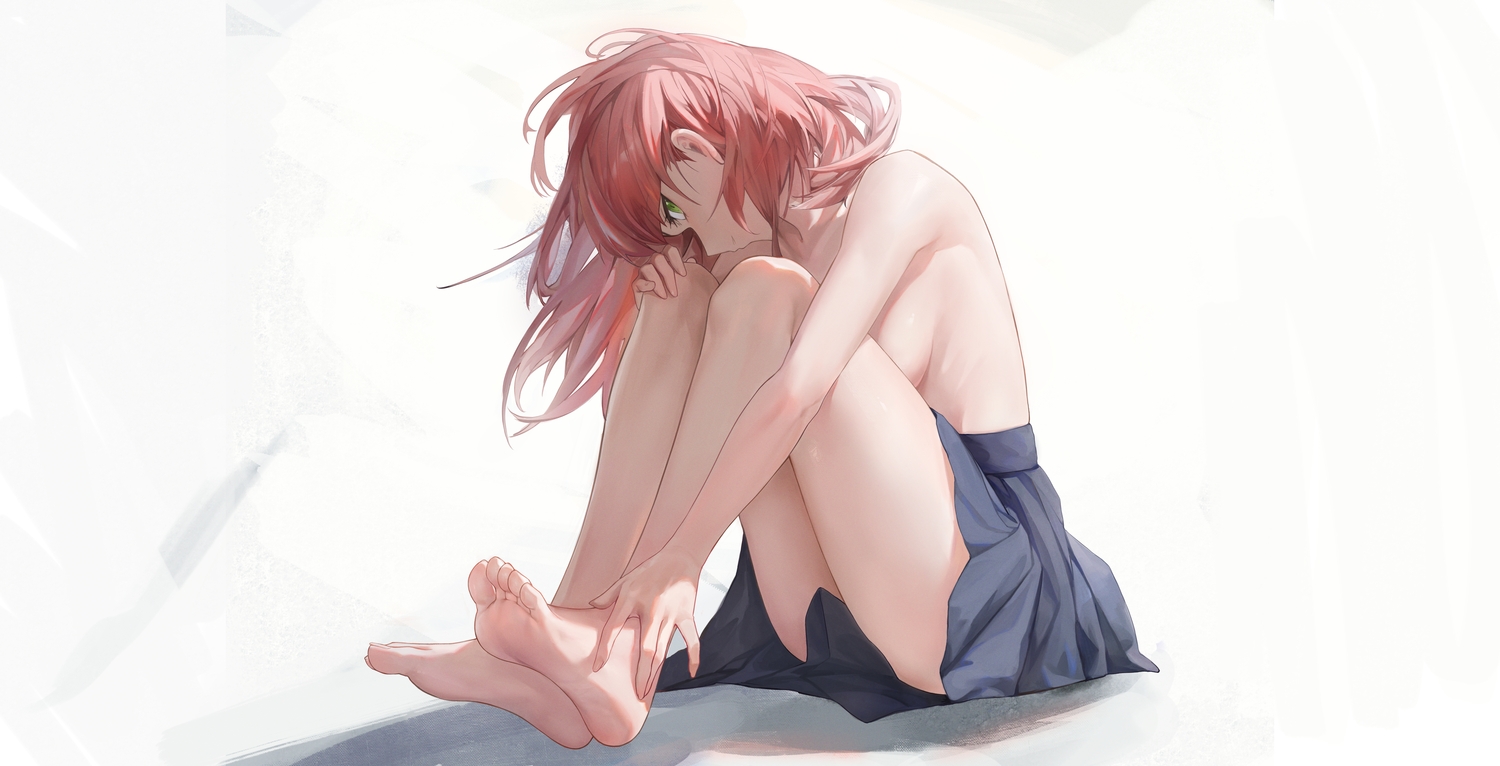 bafangyu, barefoot, bocchi_the_rock!, breasts, green_eyes, kita_ikuyo, red_hair, skirt
