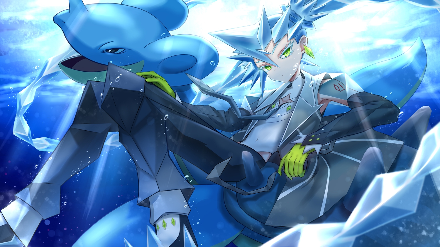 blue_hair, bubbles, gloves, green_eyes, hatsune_miku, ice_miku_(project_voltage), lapras, pokemon, project_voltage, suit, tie, twintails, underwater, vocaloid, water, zuishangxi