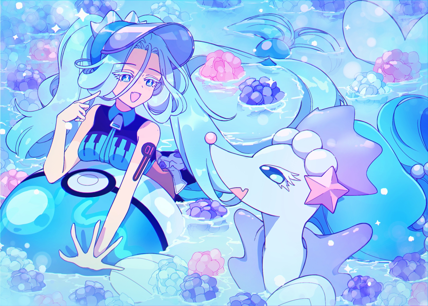blue_eyes, blue_hair, fang, flowers, hat, hatsune_miku, kkanyong, long_hair, pokemon, primarina, project_voltage, twintails, vocaloid, water, water_miku_(project_voltage)