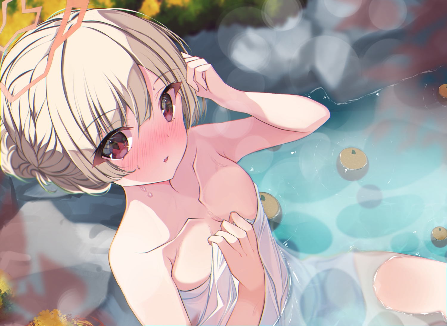 amami_nodoka, blue_archive, blush, braids, flat_chest, food, fruit, gray_hair