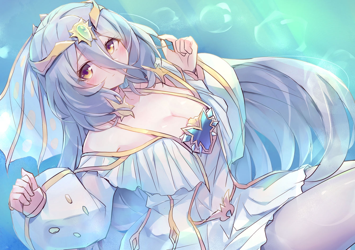 blush, breasts, brown_eyes, cleavage, dress, gray_hair, headdress, kanzakietc, long_hair, marincess_sleepy_maiden, pantyhose, underwater, water, yu-gi-oh