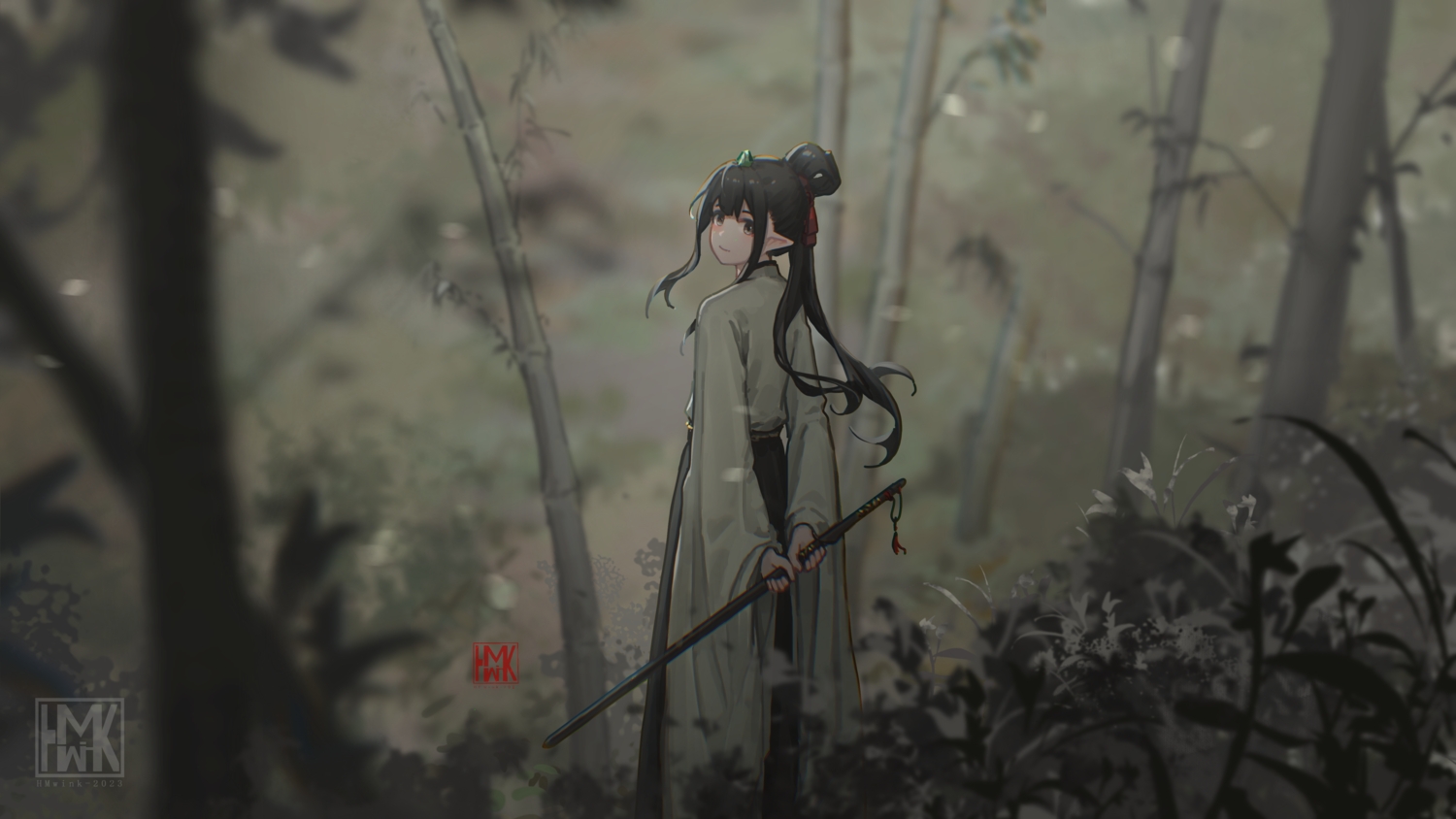 black_hair, chinese_clothes, dark, forest, gray_eyes, horns, hua_ming_wink, leaves
